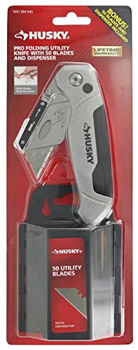 Husky 99509 Metal 3-Position Flip Folding Utility Knife with 50 Blades and Plastic Blade Dispenser and Disposal Case