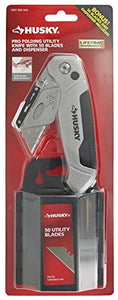Husky 99509 Metal 3-Position Flip Folding Utility Knife with 50 Blades and Plastic Blade Dispenser and Disposal Case